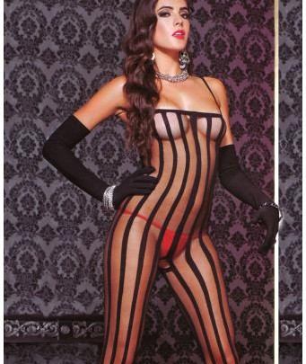 See-through Body Stockings in Black with vertical, opaque Stripes
