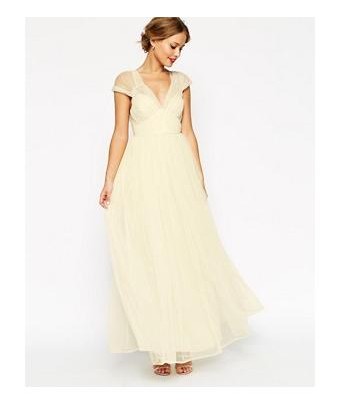 ASOS WEDDING - gathered maxi dress with net fabric insert |creme, lilac
