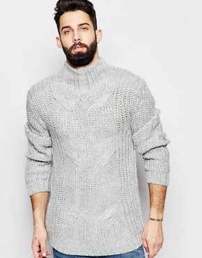 ASOS - Pullover mit Zopfmuster und Stehkragen - Grau