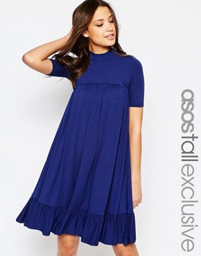 ASOS TALL - Hochgeschlossenes ausgestelltes Kleid mit Rüschensaum - Marineblau