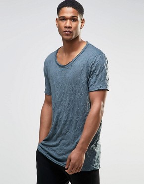 ASOS - long cut T-shirt with scoop neck in wrinkle-washing - dark slate