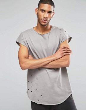 ASOS - sleeveless oversized-t-shirt with scoop neck, rounded hem and rivets in grey - Elefantenhaut