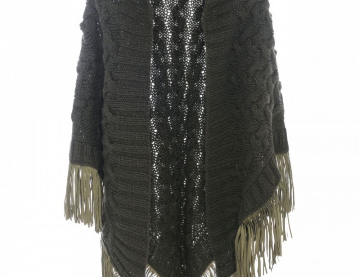 Chunky knit stole with fringes Camoscio - military green