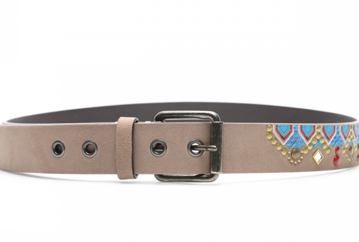 Embroidered leather belt - taupe