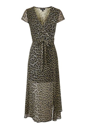 Wrap look maxi dress with leopard-print - brown