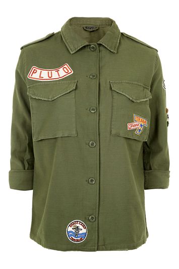 shirt jacket with patches petite - khaki