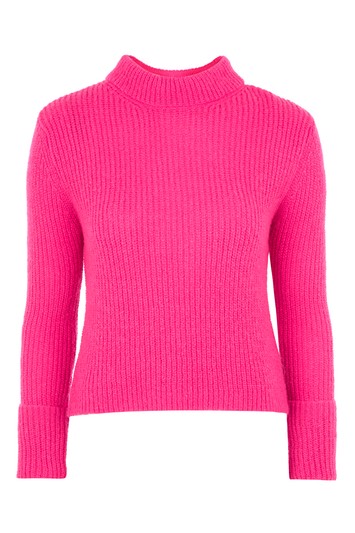 Sweater with knitting pattern and turned sleeves - bright pink